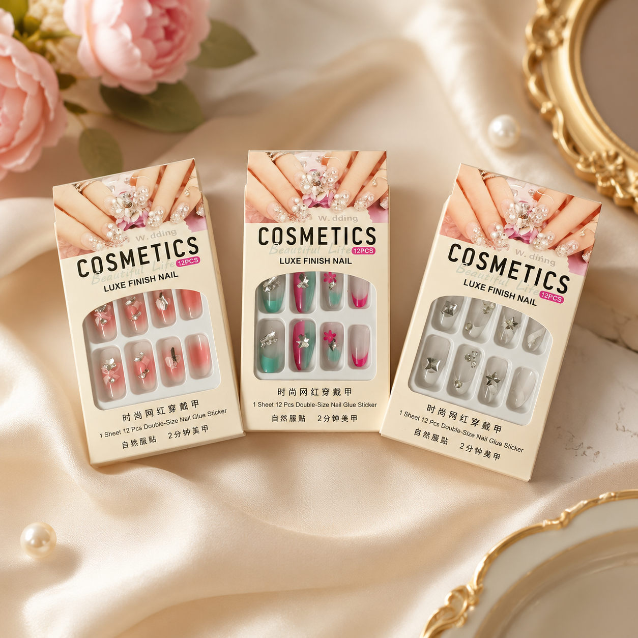 Artificial Nails for Girls 12 Pcs | Full Cover Fake Nails with Glue | Fancy Colorful Stylish Nails for Women